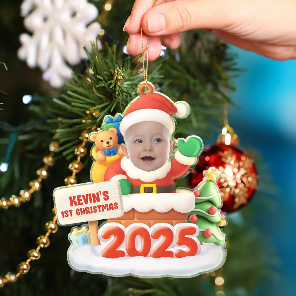 Christmas, Gift For Kids, Funny - Custom Photo Cute Baby Santa In The Chimney - Personalized Custom Shaped Acrylic Ornament