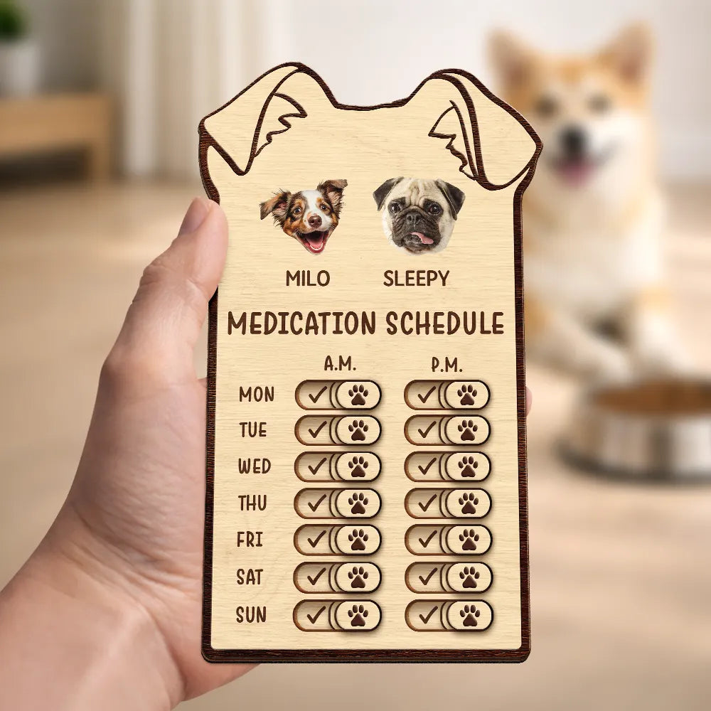 Dog Lovers,Dog Mom,Dog Dad - Custom Photo Cute Dog Ear Feed Medication Tracker - Personalized Wooden Pet Feeding Reminder