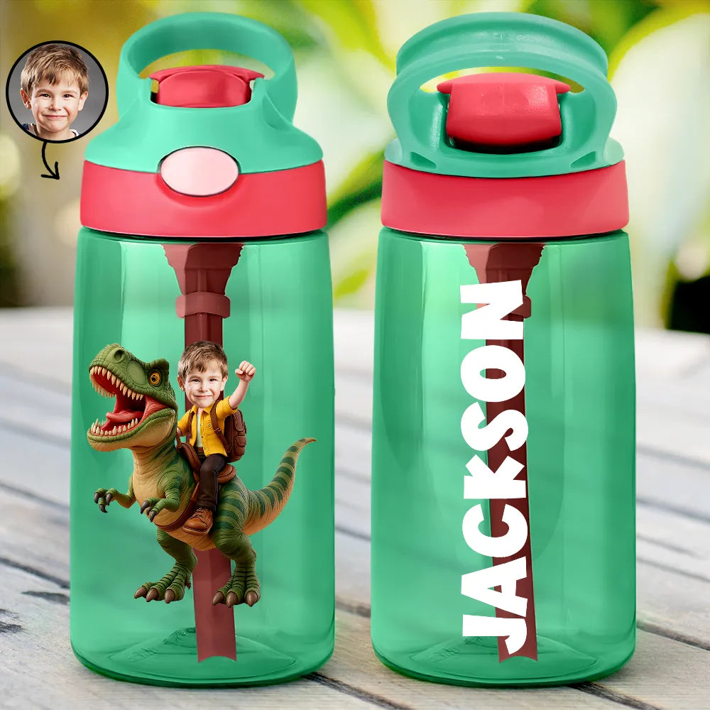 Gift For Kids,Happy,Funny,Custom Photo - Custom Photo Cute Kid Riding Dinosaur Flamingo Unicorn - Personalized Kids Water Bottle With Straw