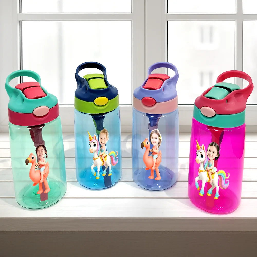 Gift For Kids,Happy,Funny,Custom Photo - Custom Photo Cute Kid Riding Dinosaur Flamingo Unicorn - Personalized Kids Water Bottle With Straw