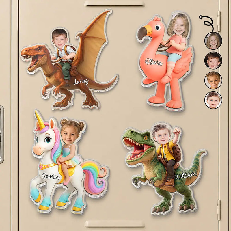 Adorable,Back To School,Custom Photo,Gift For Kids,Cut-Face Photo - Custom Photo Cute Kid Riding Dinosaur Flamingo Unicorn - Personalized Acrylic Magnet