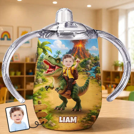 Custom Photo Cute Kid Riding Dinosaur Flamingo Unicorn - Personalized Sippy Cup