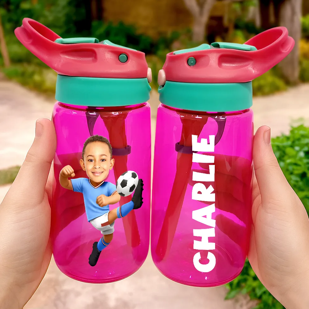 Gift For Kids, Happy, Funny, Custom Photo - Custom Photo Cute Kid Sport Playing Football Soccer Baseball Softball - Personalized Kids Water Bottle With Straw