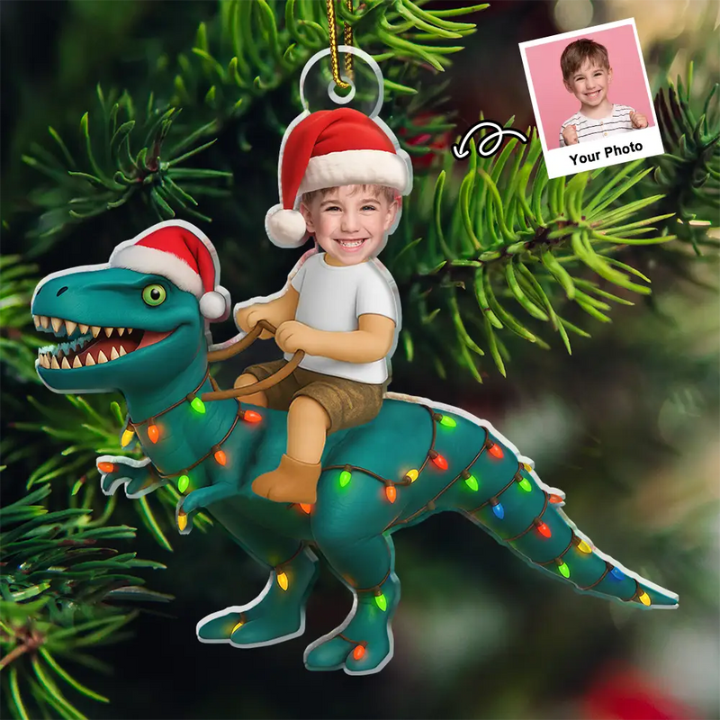 Gift For Kids, Gift For Grandkids, Photo Hobby Ornament, Custom Photo, Funny, Christmas - Custom Photo Cute Kid Xmas Dinosaur - Personalized Acrylic Photo Ornament