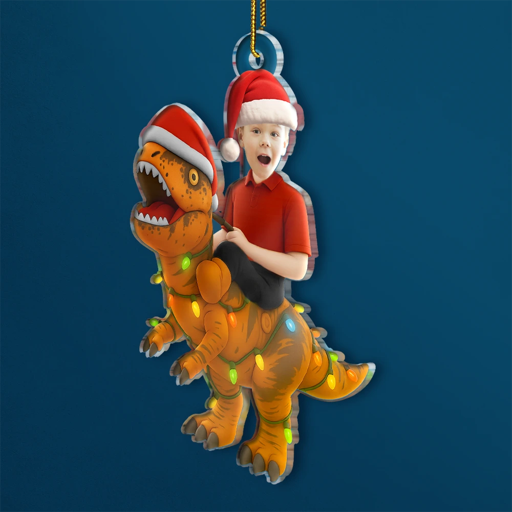 Gift For Kids, Gift For Grandkids, Photo Hobby Ornament, Custom Photo, Funny, Christmas - Custom Photo Cute Kid Xmas Dinosaur - Personalized Acrylic Photo Ornament