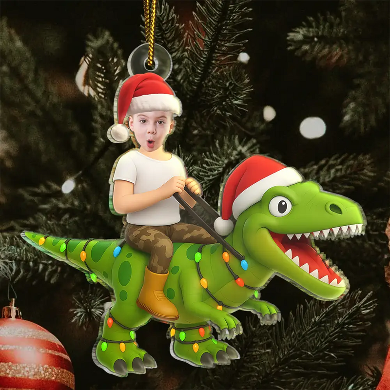 Gift For Kids, Gift For Grandkids, Photo Hobby Ornament, Custom Photo, Funny, Christmas - Custom Photo Cute Kid Xmas Dinosaur - Personalized Acrylic Photo Ornament