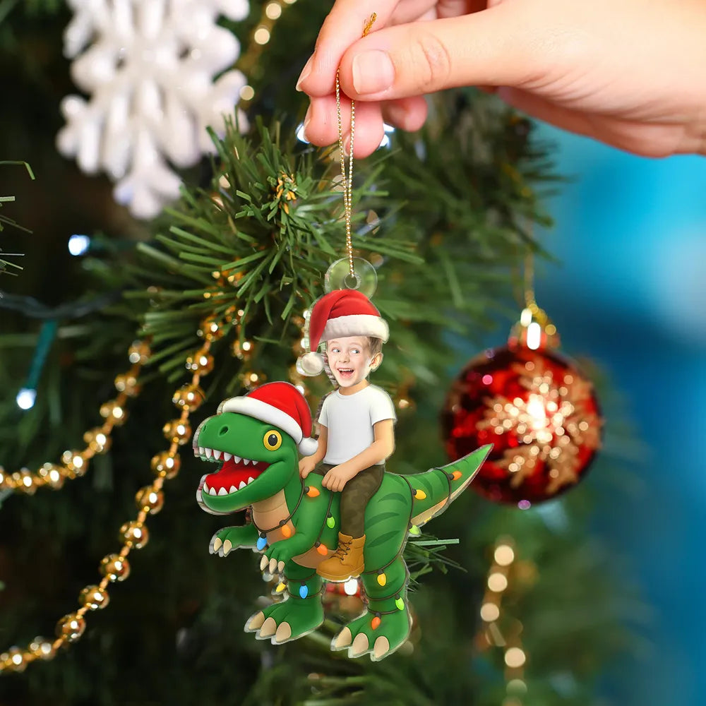 Gift For Kids, Gift For Grandkids, Photo Hobby Ornament, Custom Photo, Funny, Christmas - Custom Photo Cute Kid Xmas Dinosaur - Personalized Acrylic Photo Ornament