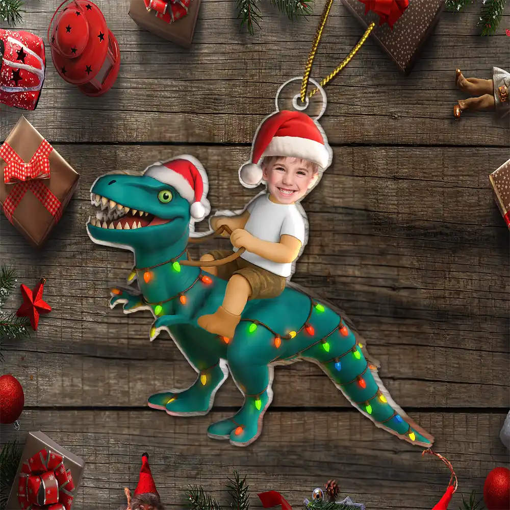 Gift For Kids, Gift For Grandkids, Photo Hobby Ornament, Custom Photo, Funny, Christmas - Custom Photo Cute Kid Xmas Dinosaur - Personalized Acrylic Photo Ornament