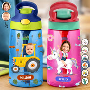 Gift For Kids, Back To School - Custom Photo Cute & Funny Car Mermaid Unicorn Dinosaur Astronaut - Personalized Kids Water Bottle With Straw