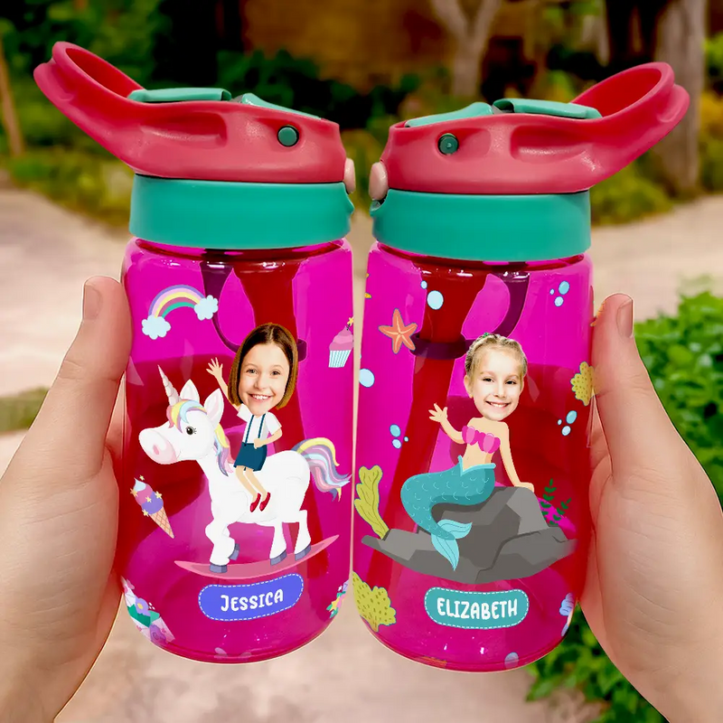 Gift For Kids, Back To School - Custom Photo Cute & Funny Car Mermaid Unicorn Dinosaur Astronaut - Personalized Kids Water Bottle With Straw