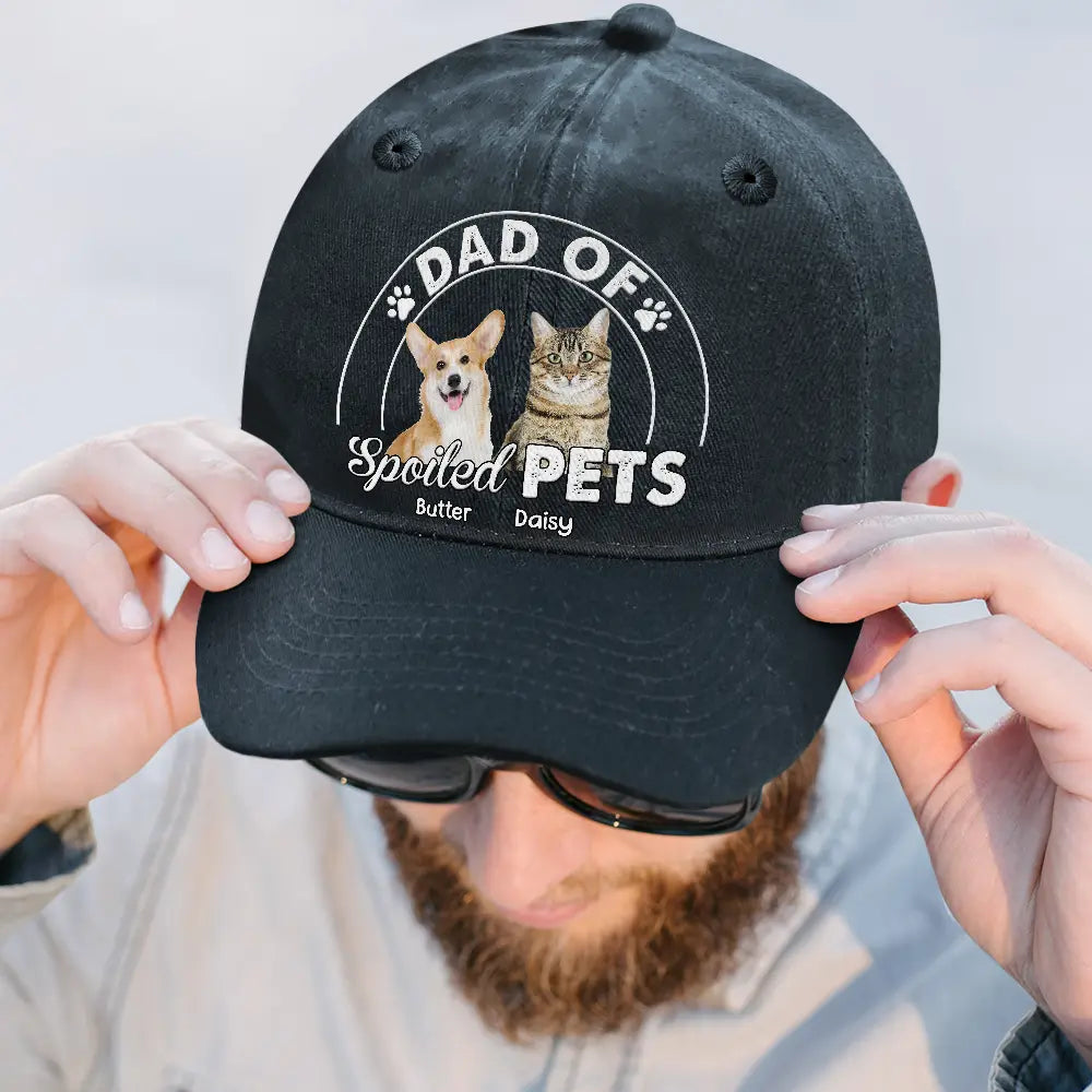 Gift For Father,Gift For Husband,Dog Dad,Cat Dad,Pet Lovers,Pet Dad,Funny - Custom Photo Dad Of A Spoiled Dog - Personalized Vintage Washed Denim Cap