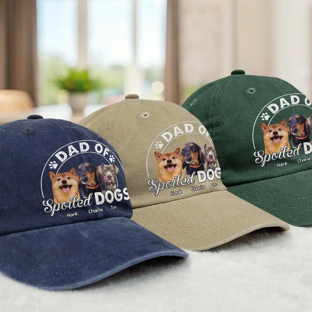 Gift For Father,Gift For Husband,Dog Dad,Cat Dad,Pet Lovers,Pet Dad,Funny - Custom Photo Dad Of A Spoiled Dog - Personalized Vintage Washed Denim Cap
