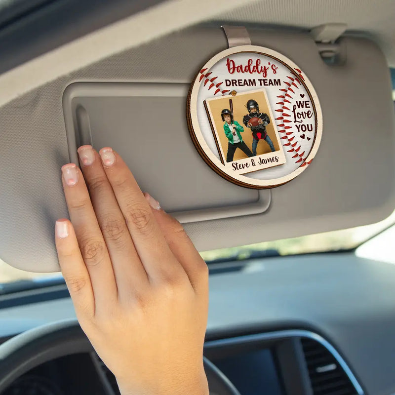 Gift For Father,Happy,Baseball - Custom Photo Daddy's Dream Team - Personalized Custom Shaped Car Visor Clip