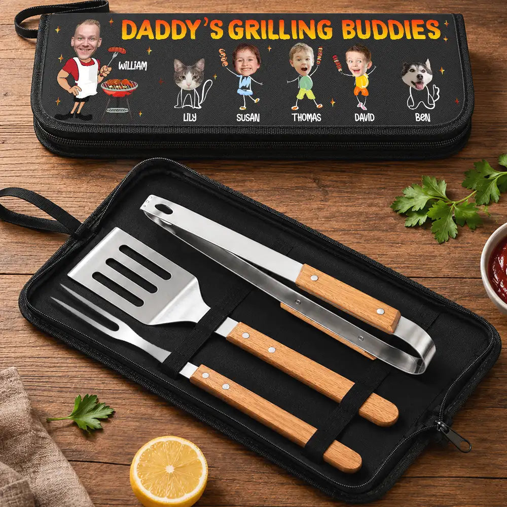 Gift For Father,Gift For Grandpa,Grandpa's Hobby,Dad's Hobby,Grilling,Non-Eng,Photo,Icon,Humorous - Custom Photo Daddy's Grilling Buddies - Personalized BBQ Tool Set With Storage Bag