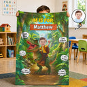Adorable,Back To School,Custom Photo,Gift For Kids,Cut-Face Photo - Custom Photo Dinosaur Adventure - Personalized Fleece Blanket, Sherpa Blanket