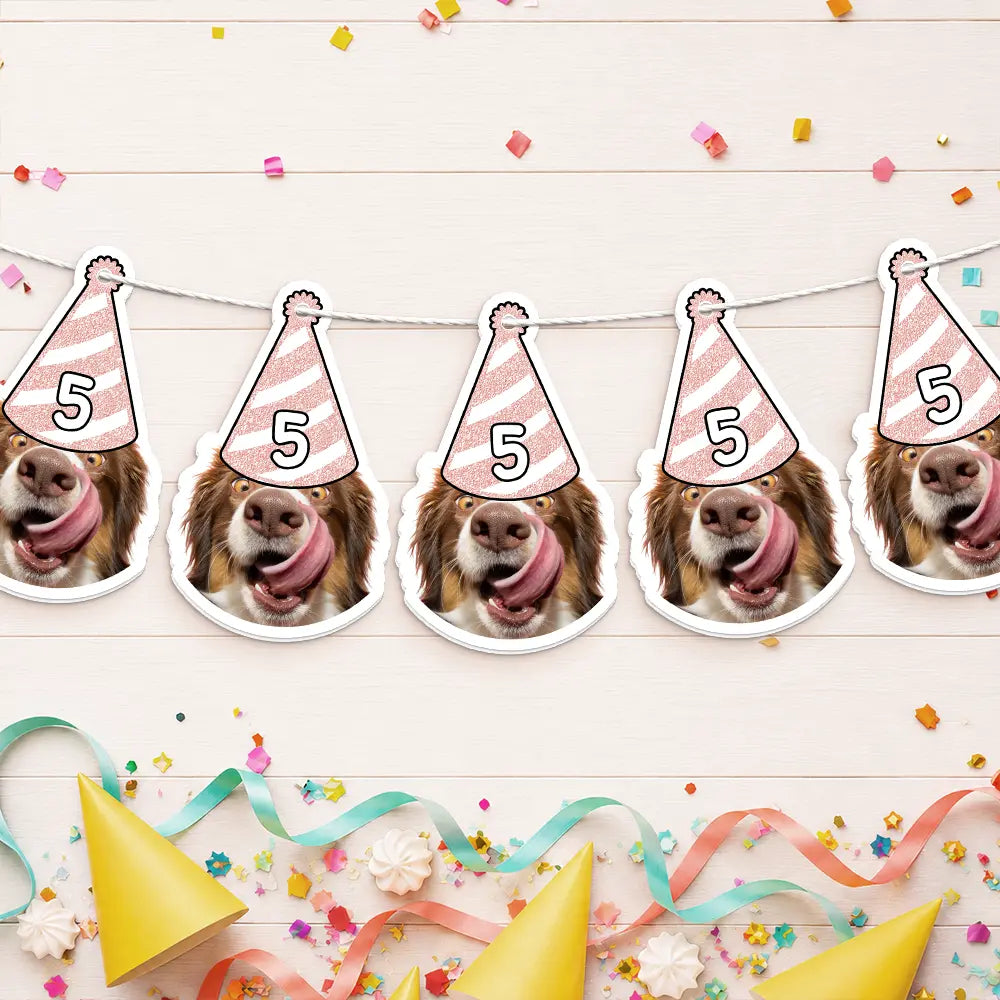 Playful, Custom Photo, Pet Lovers, Cut-Face Photo, Icon - Custom Photo Dog Cat Face Birthday Glitter Effect - Personalized Garland Banner