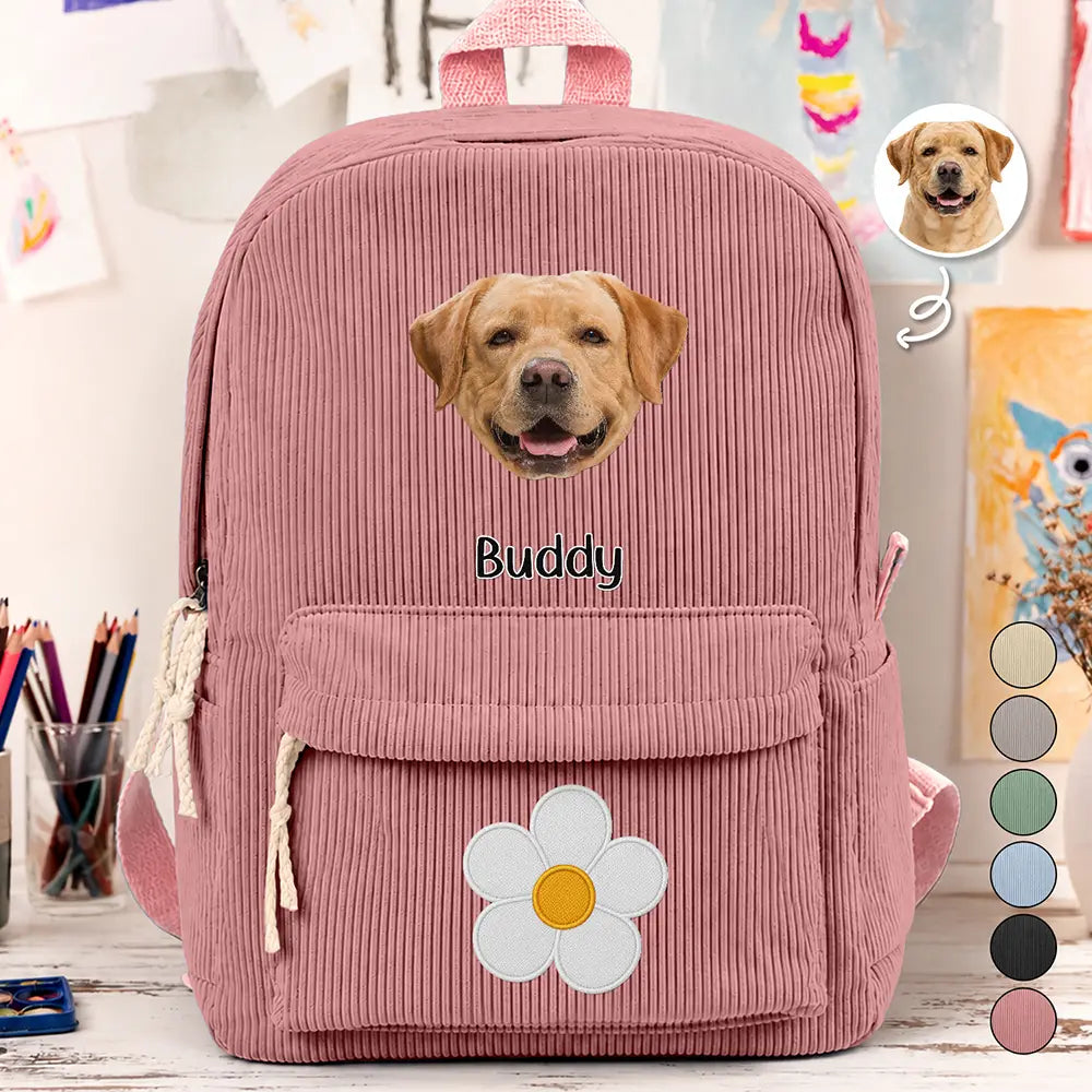 Custom Photo Dog Cat Face With Faux Embroidery Flower - Personalized Corduroy Backpack