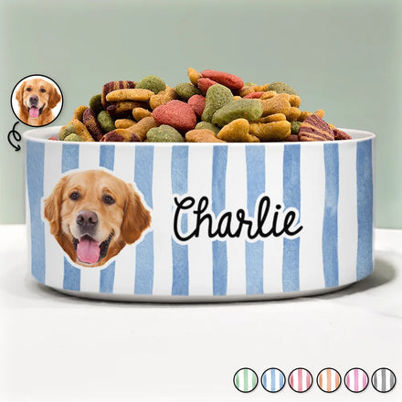 Custom Photo Dog Cat Face With Stripe Pattern - Personalized Pet Bowl