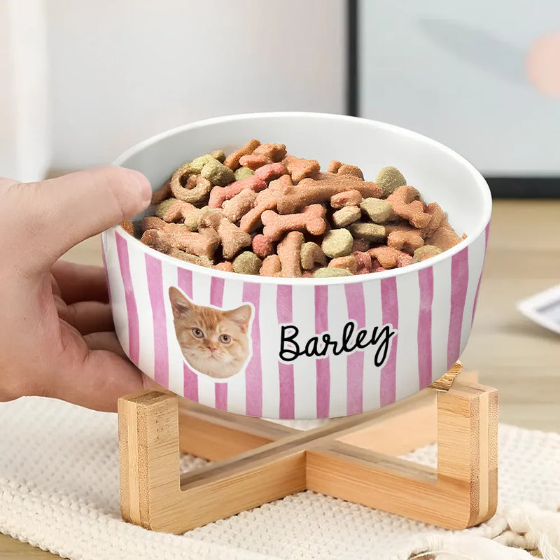 Pet Lovers, Pet Mom, Pet Dad, Pet Couple, Dog Lovers, Cat Lovers - Custom Photo Dog Cat Face With Stripe Pattern - Personalized Pet Bowl