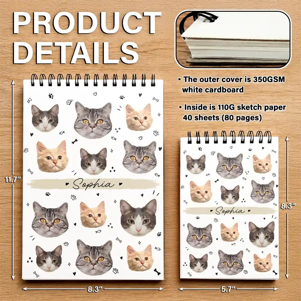 Back To School, Custom Photo, Pet Lovers, Playful, Cut-Face Photo - Custom Photo Dog Cat Family Portrait - Personalized Sketchbook