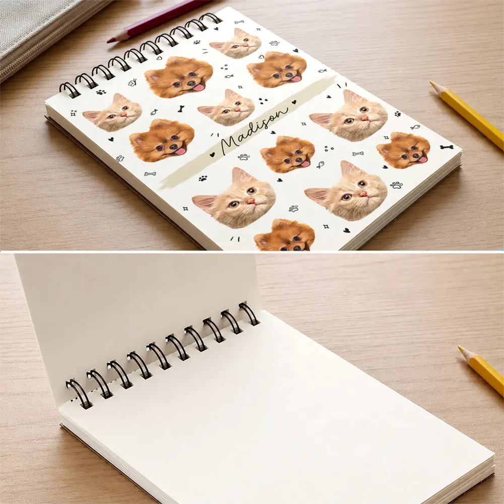 Back To School, Custom Photo, Pet Lovers, Playful, Cut-Face Photo - Custom Photo Dog Cat Family Portrait - Personalized Sketchbook