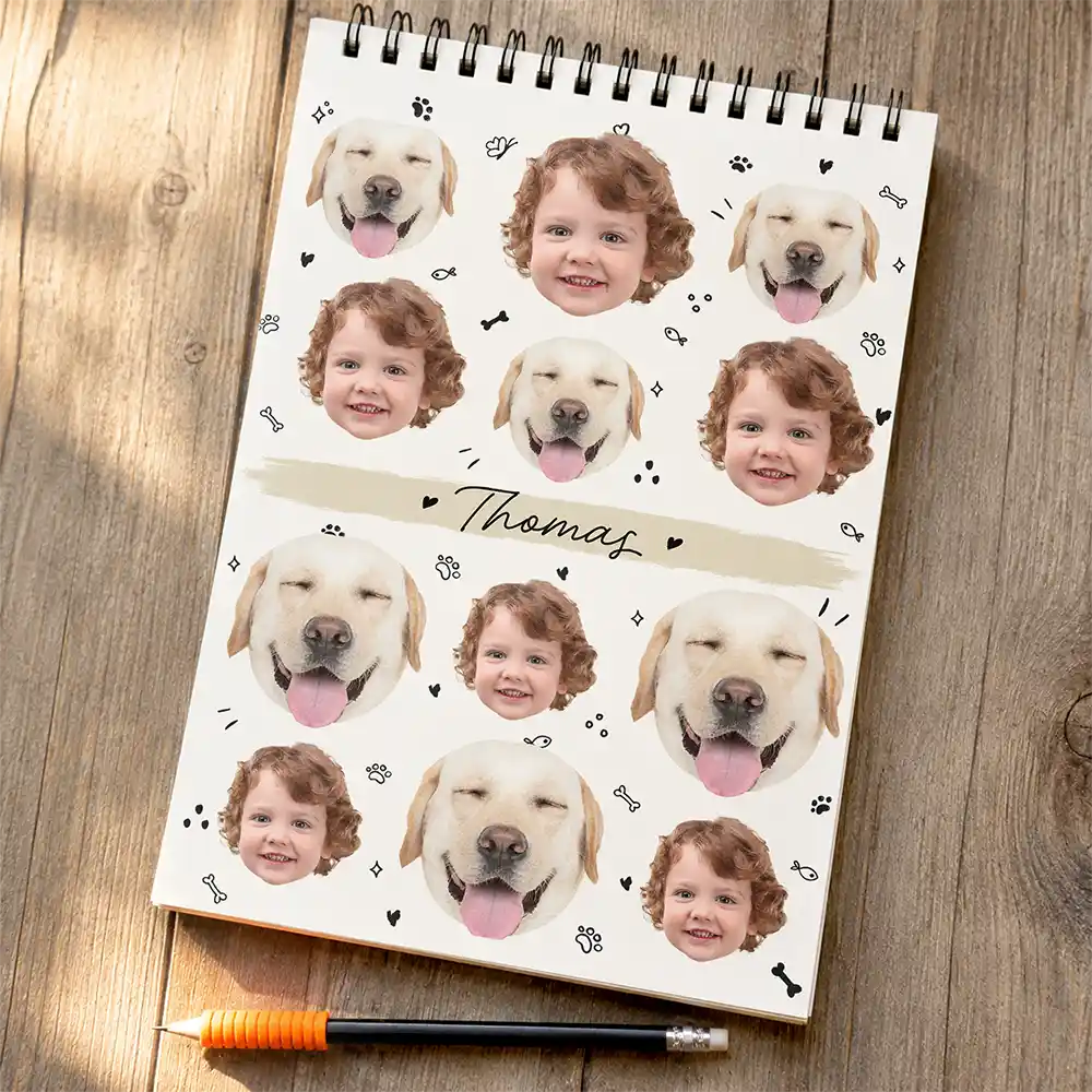 Back To School, Custom Photo, Pet Lovers, Playful, Cut-Face Photo - Custom Photo Dog Cat Family Portrait - Personalized Sketchbook