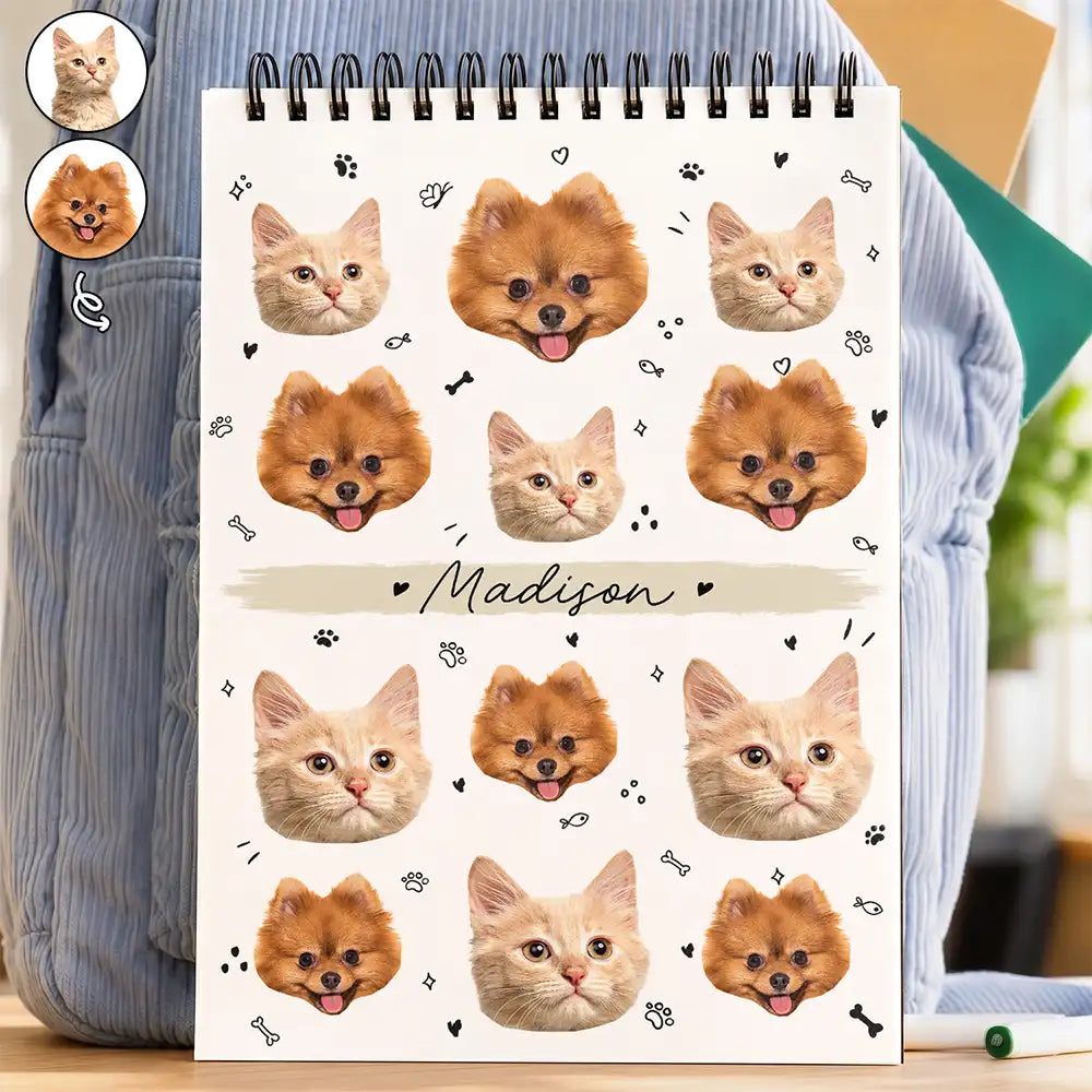 Back To School, Custom Photo, Pet Lovers, Playful, Cut-Face Photo - Custom Photo Dog Cat Family Portrait - Personalized Sketchbook