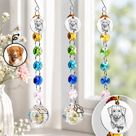 Custom Photo Pet Forever Love Pencil Sketch - Personalized Crystal Suncatcher With Charm