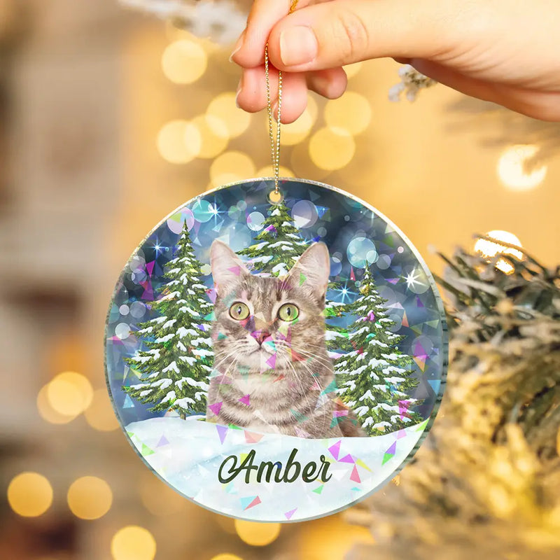 Dog Lovers,Pet Lovers,Happy,Cat Lovers,Christmas - Custom Photo Dog Cat Pet Face - Personalized Holographic Acrylic Ornament