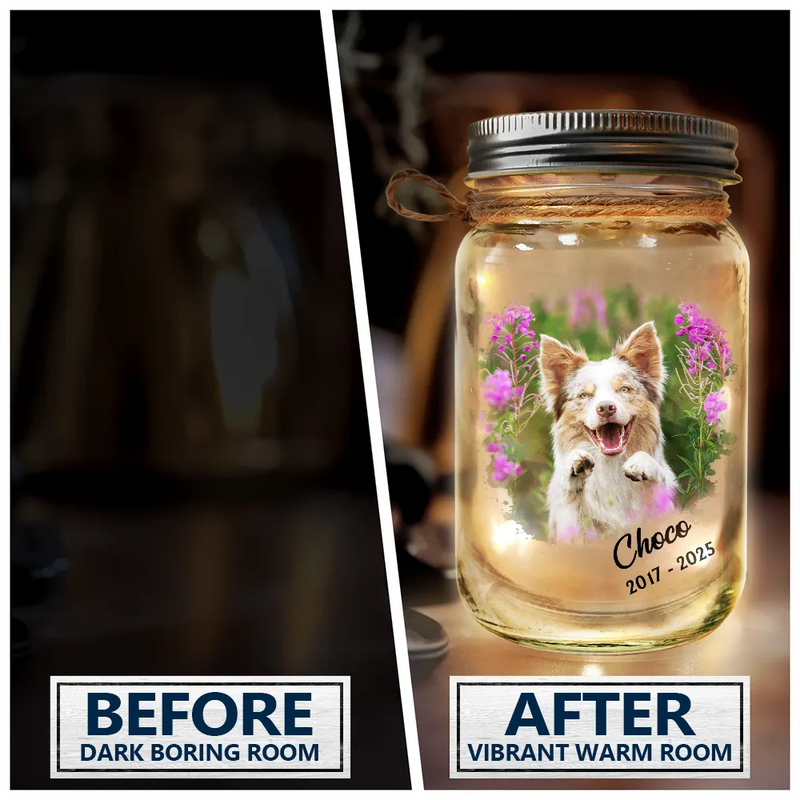 Custom Photo,Memorial,Pet Lovers,Dog Lovers,Cat Lovers,Sad - Custom Photo Dog Cat Pet Memorial The Paw Prints Left By You - Personalized Mason Jar Light