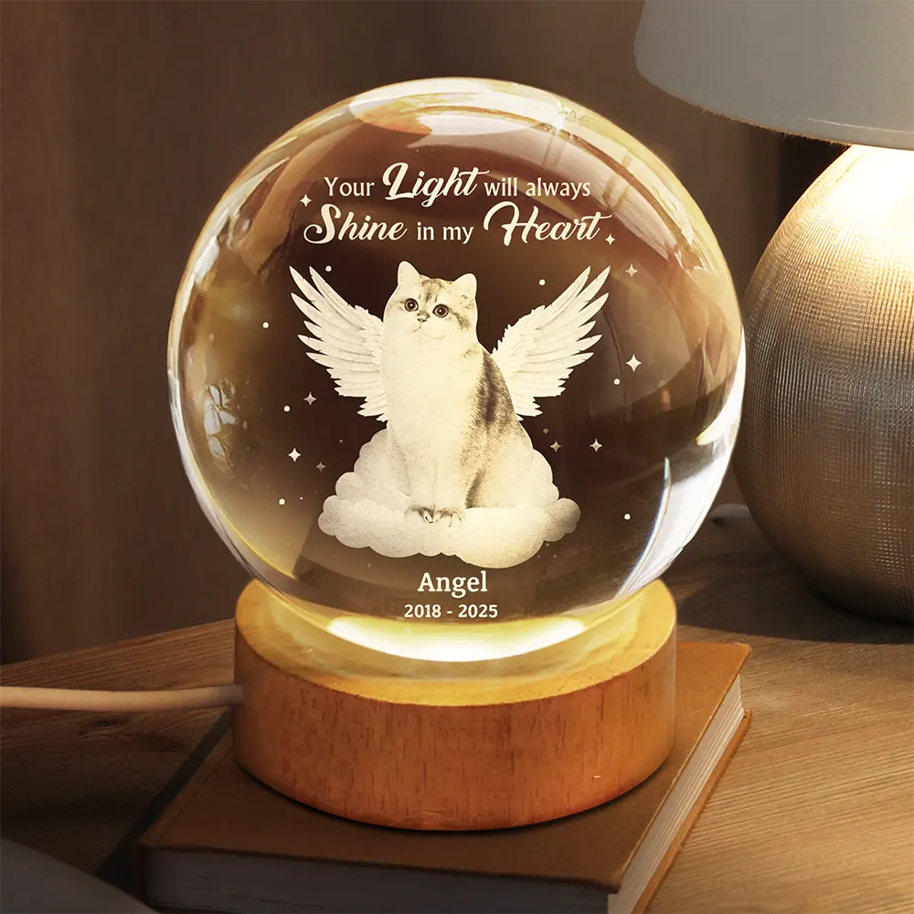 Sad,Pet Lovers,Custom Photo,Memorial - Custom Photo Dog Cat Pet Memorial Your Light Will Always Shine In My Heart - Personalized Crystal Globe Lamp