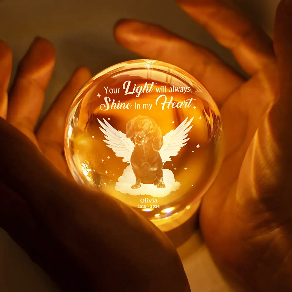 Sad,Pet Lovers,Custom Photo,Memorial - Custom Photo Dog Cat Pet Memorial Your Light Will Always Shine In My Heart - Personalized Crystal Globe Lamp