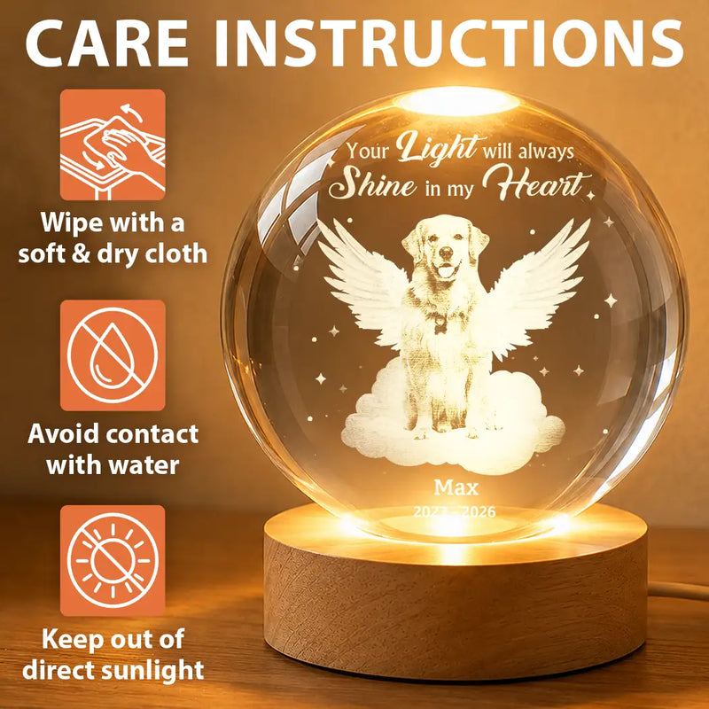 Sad,Pet Lovers,Custom Photo,Memorial - Custom Photo Dog Cat Pet Memorial Your Light Will Always Shine In My Heart - Personalized Crystal Globe Lamp