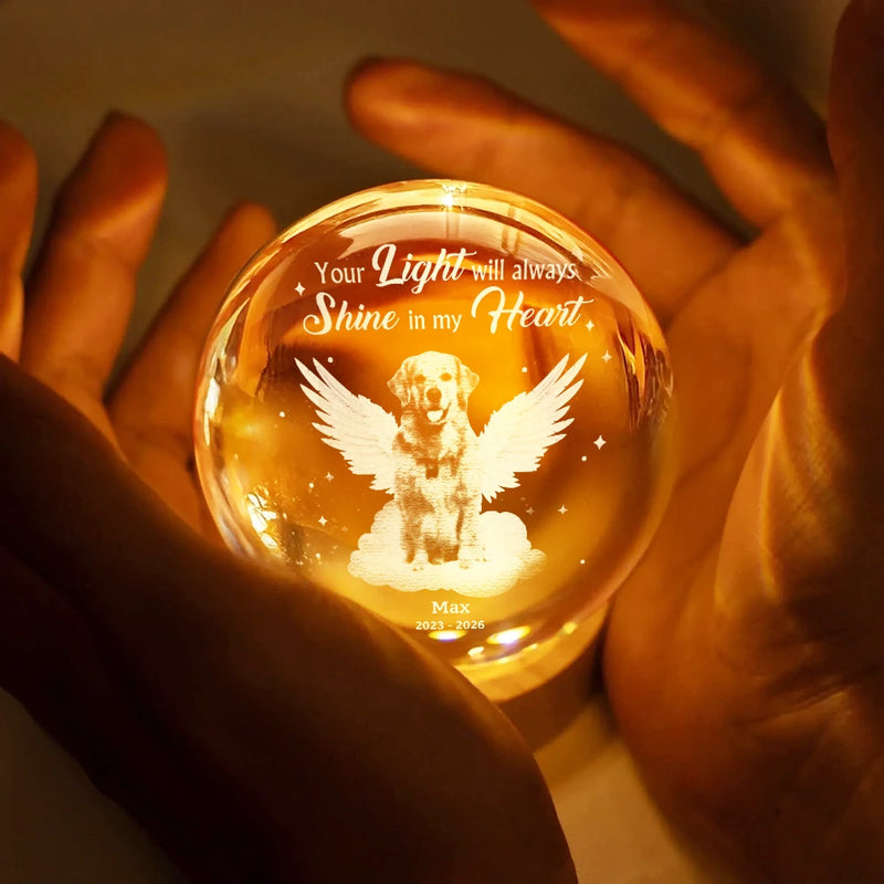 Sad,Pet Lovers,Custom Photo,Memorial - Custom Photo Dog Cat Pet Memorial Your Light Will Always Shine In My Heart - Personalized Crystal Globe Lamp