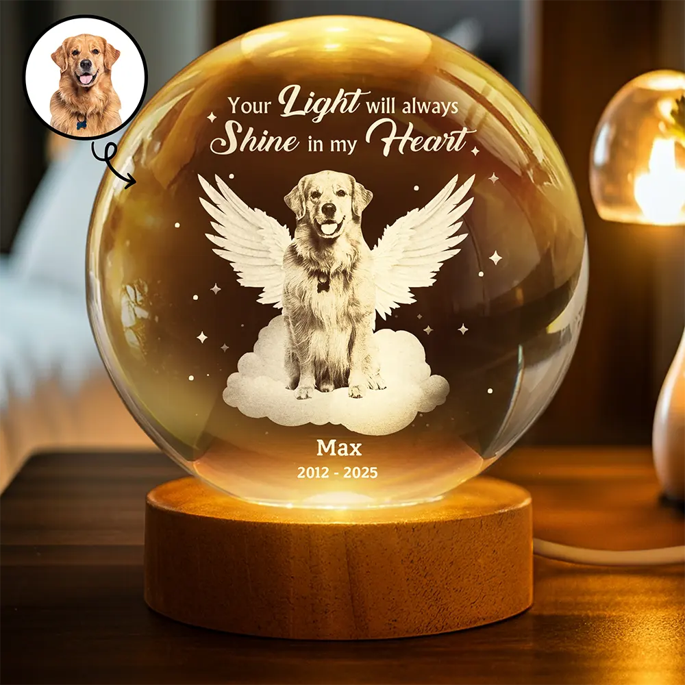 Sad,Pet Lovers,Custom Photo,Memorial - Custom Photo Dog Cat Pet Memorial Your Light Will Always Shine In My Heart - Personalized Crystal Globe Lamp