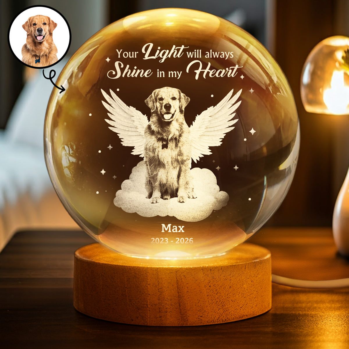 Sad,Pet Lovers,Custom Photo,Memorial - Custom Photo Dog Cat Pet Memorial Your Light Will Always Shine In My Heart - Personalized Crystal Globe Lamp