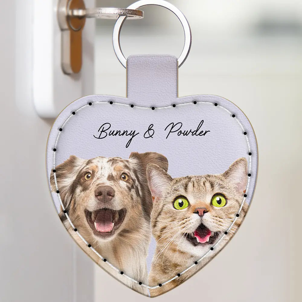Pet Lovers, Dog Lovers, Cat Lovers - Custom Photo Dog Cat Pet Portrait - Personalized Custom Shaped Leather Keychain With Stitching