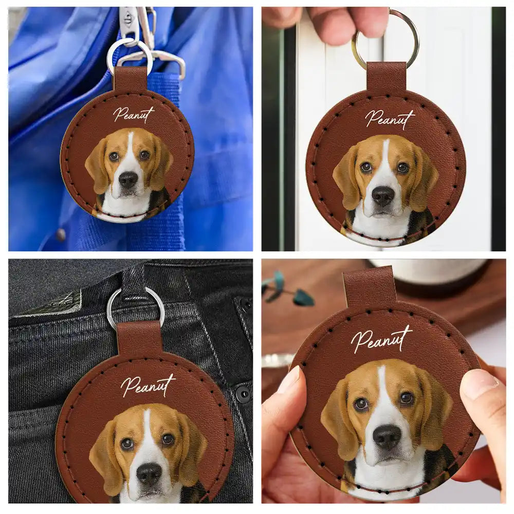Pet Lovers, Dog Lovers, Cat Lovers - Custom Photo Dog Cat Pet Portrait - Personalized Custom Shaped Leather Keychain With Stitching