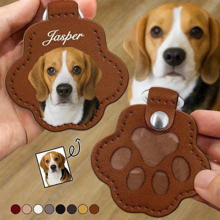 Portrait personnalisé de chien ou de chat - Porte-clés en cuir en forme de patte avec coutures