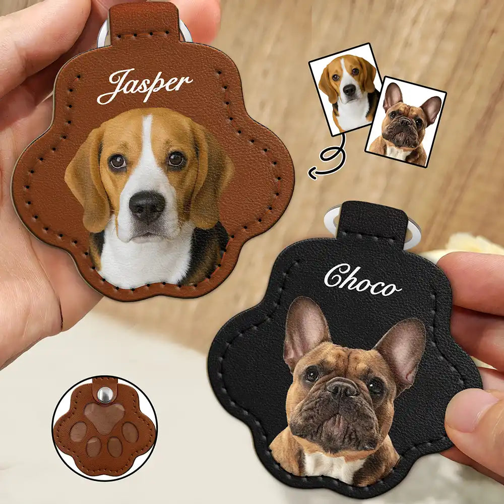 Pet Lovers, Dog Lovers, Cat Lovers - Custom Photo Dog Cat Pet Portrait - Personalized Paw Shaped Leather Keychain With Stitching