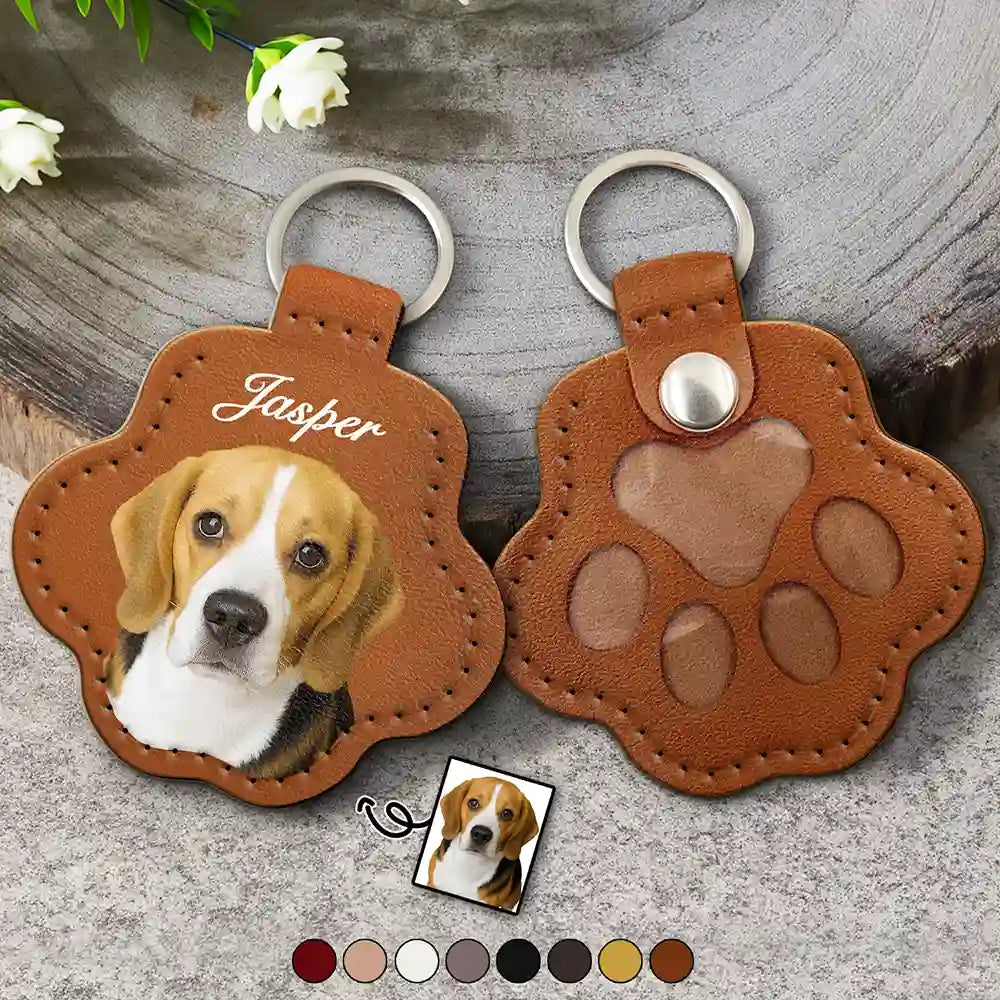 Pet Lovers, Dog Lovers, Cat Lovers - Custom Photo Dog Cat Pet Portrait - Personalized Paw Shaped Leather Keychain With Stitching