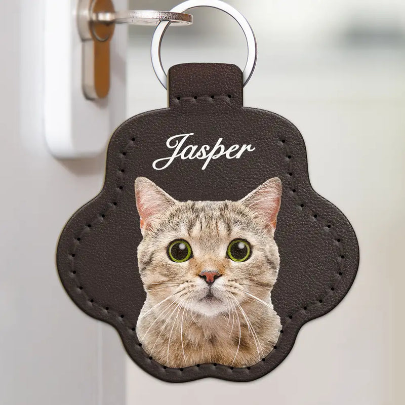 Pet Lovers, Dog Lovers, Cat Lovers - Custom Photo Dog Cat Pet Portrait - Personalized Paw Shaped Leather Keychain With Stitching