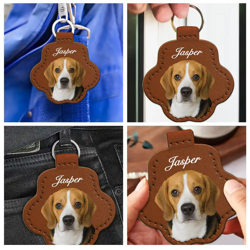 Pet Lovers, Dog Lovers, Cat Lovers - Custom Photo Dog Cat Pet Portrait - Personalized Paw Shaped Leather Keychain With Stitching