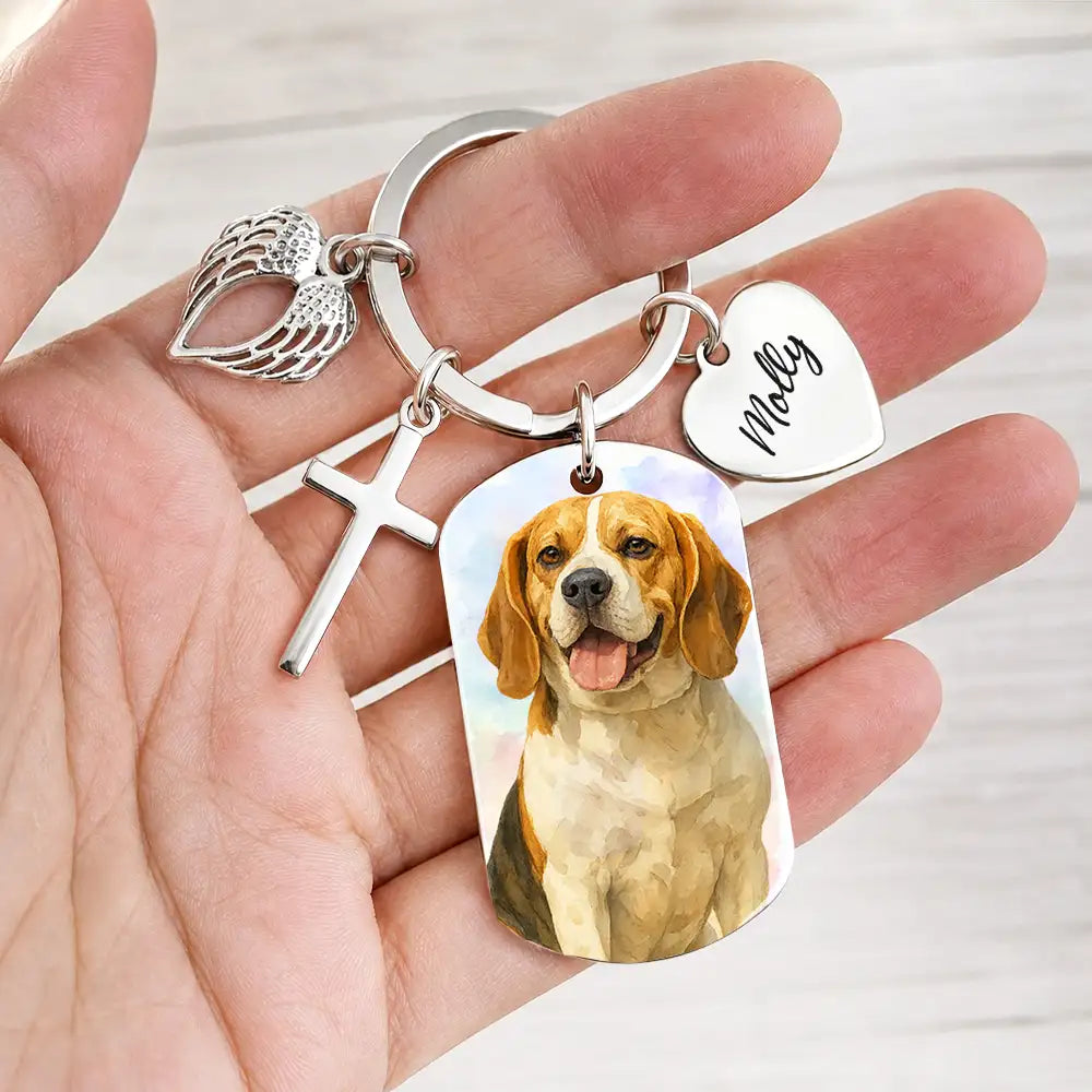 Pet Lovers,Pet Mom,Pet Dad,Pet Couple,Memorial,Non-Eng,Photo,Sympathetic - Custom Photo Dog Cat Portrait Art - Personalized Stainless Steel Keychain