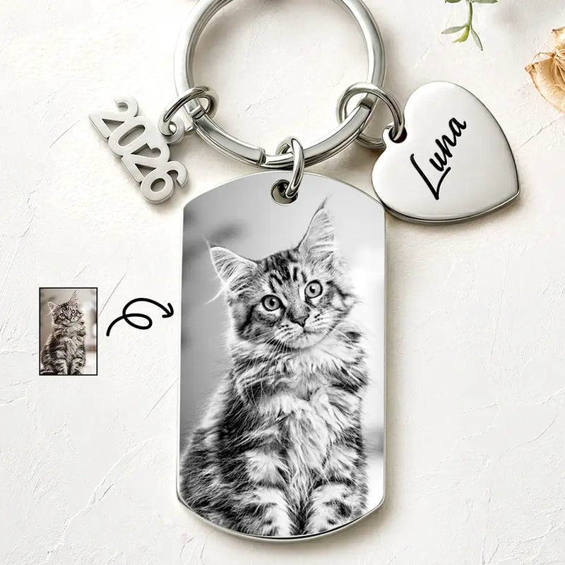 Pet Lovers,Pet Mom,Pet Dad,Pet Couple,Memorial,Non-Eng,Photo,Sympathetic - Custom Photo Dog Cat Portrait Art - Personalized Stainless Steel Keychain