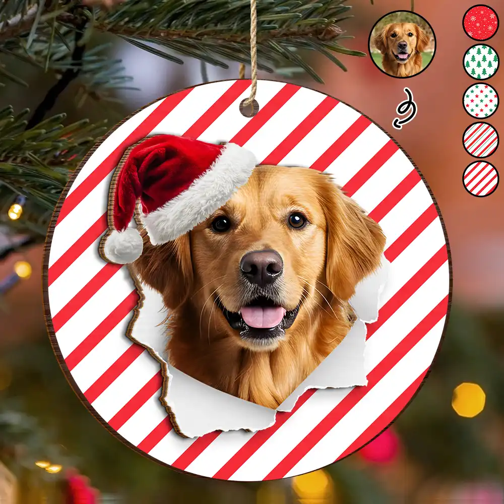 Pet Lovers,Pet Mom,Pet Dad,Dog Lovers,Dog Mom,Dog Dad,Cat Lovers,Cat Mom,Cat Dad,Happy,Christmas - Custom Photo Dog Cat Wrapping Paper - Personalized 2-Layered Wooden Ornament