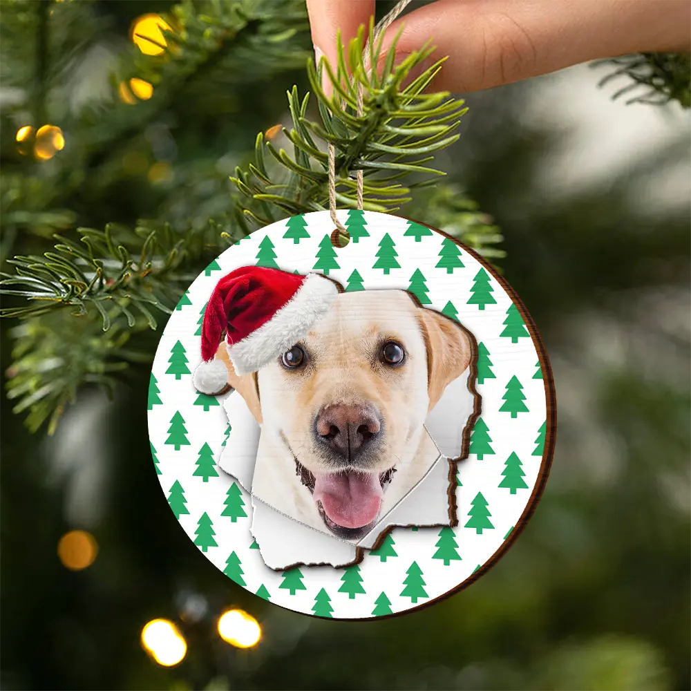 Pet Lovers,Pet Mom,Pet Dad,Dog Lovers,Dog Mom,Dog Dad,Cat Lovers,Cat Mom,Cat Dad,Happy,Christmas - Custom Photo Dog Cat Wrapping Paper - Personalized 2-Layered Wooden Ornament