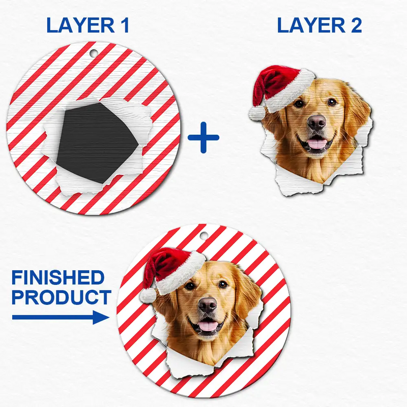 Pet Lovers,Pet Mom,Pet Dad,Dog Lovers,Dog Mom,Dog Dad,Cat Lovers,Cat Mom,Cat Dad,Happy,Christmas - Custom Photo Dog Cat Wrapping Paper - Personalized 2-Layered Wooden Ornament