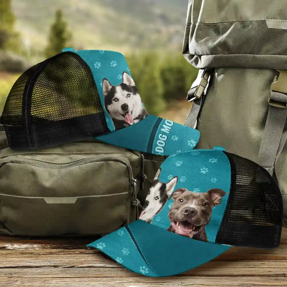 Cat Lovers,Pet Lovers,Happy,Dog Lovers - Custom Photo Dog Mom Dog Dad Cat Mom Cat Dad - Personalized Mesh-back Casual Cap