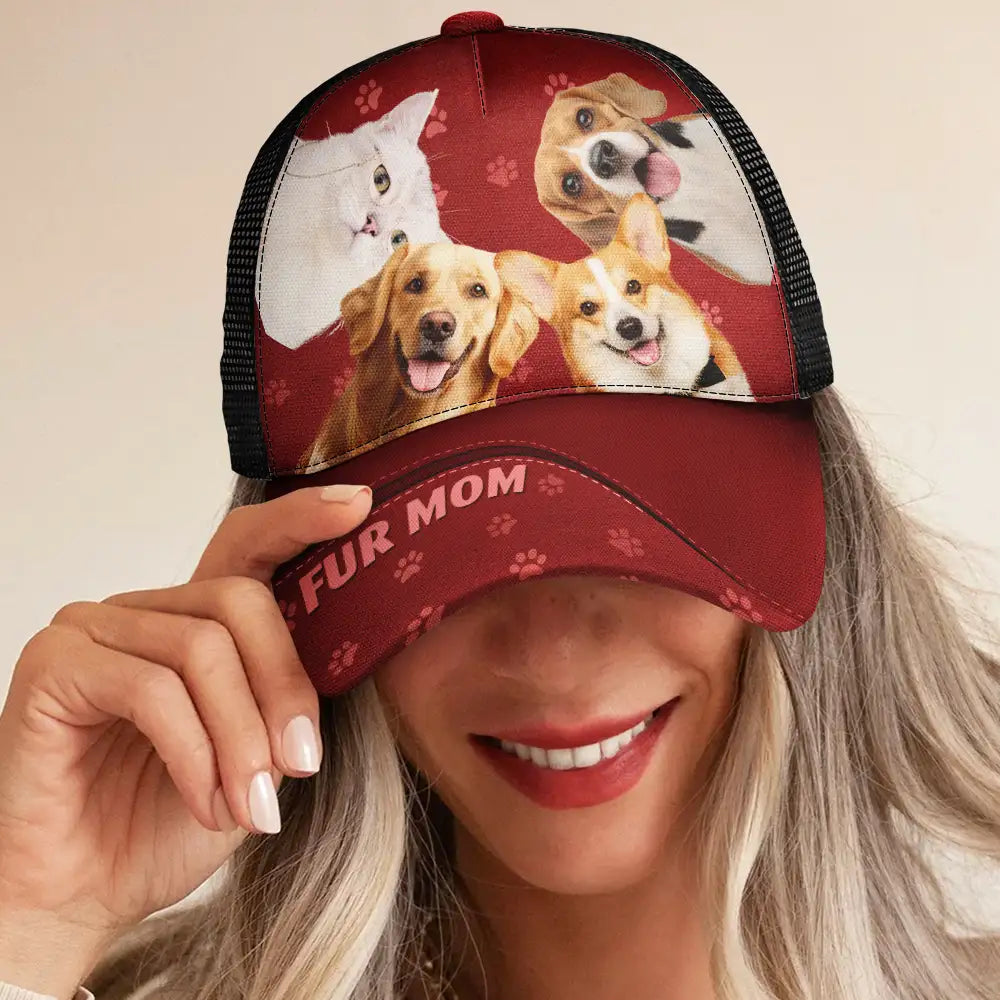 Cat Lovers,Pet Lovers,Happy,Dog Lovers - Custom Photo Dog Mom Dog Dad Cat Mom Cat Dad - Personalized Mesh-back Casual Cap